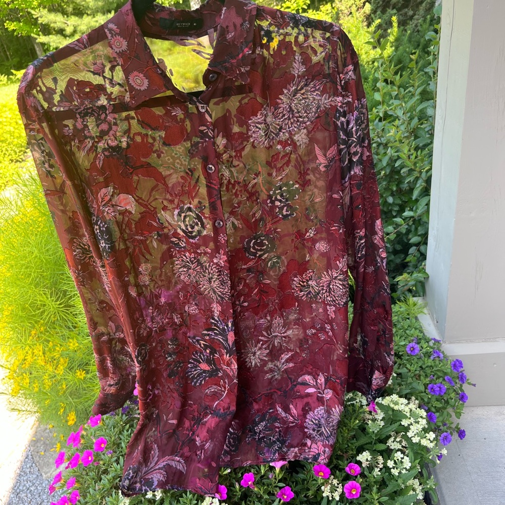 ETRO Silk Floral Button Down Shirt Semi-Sheer Wine colour Size 8 Like New - Picture 6 of 15